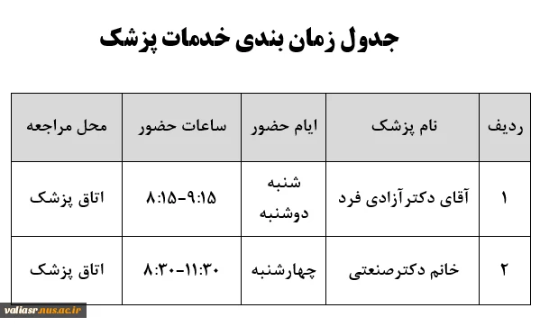 جدول زمان بندی خدمات مشاوره و پزشک 3