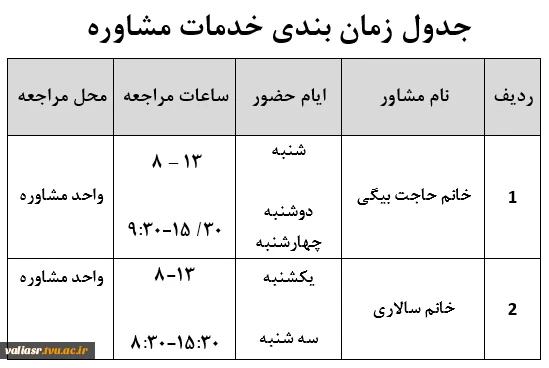 جدول زمان بندی خدمات مشاوره 96