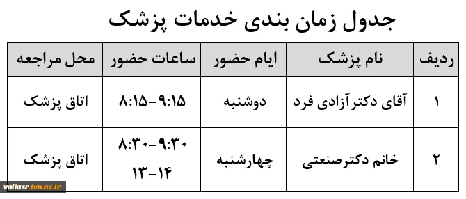 جدول زمان بندی خدمات پزشک96