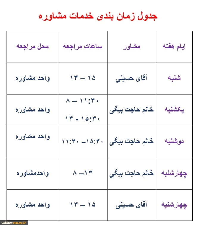 جدول زمان بندی خدمات مشاوره و پزشک 6