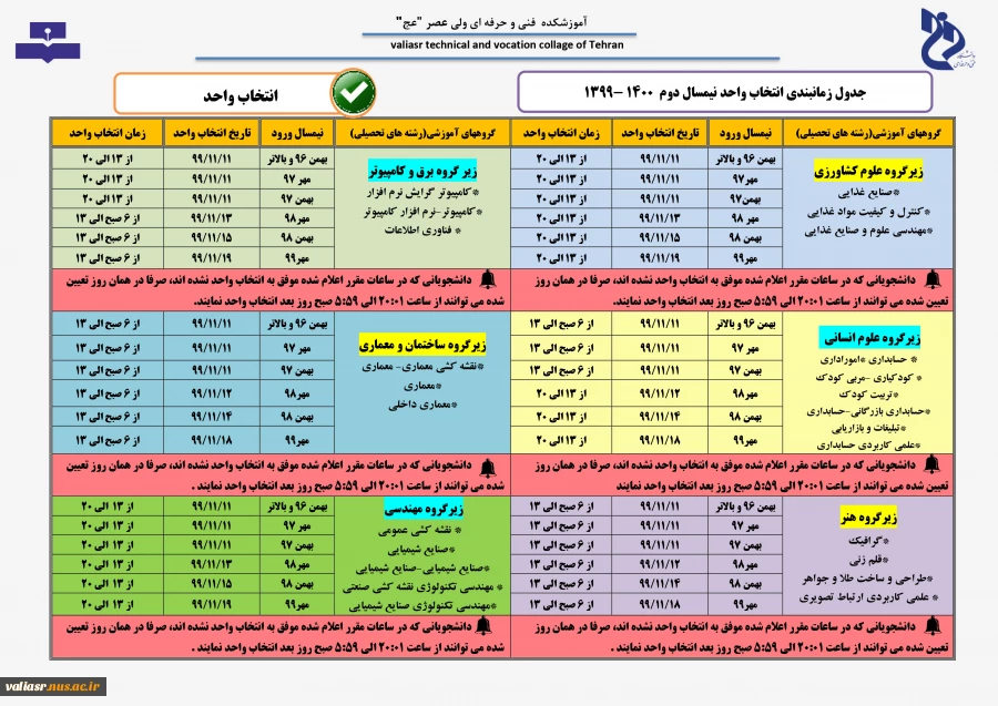 اطلاعیه شماره 4 انتخاب واحد نیمسال دوم سال تحصیلی 400 - 1399 (بهمن 99) - زمان بندی انتخاب واحد 2