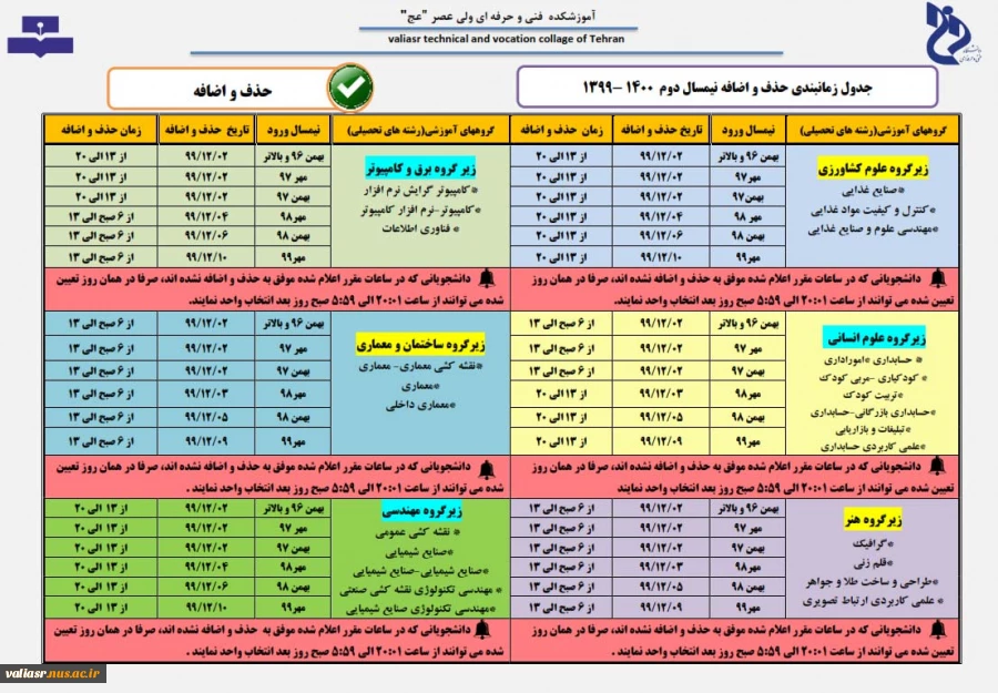 جدول زمانبندی حذف و اضافه 2