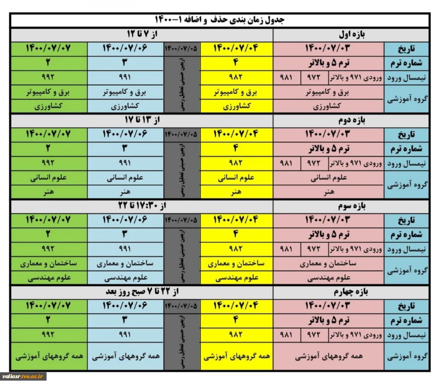 جدول زمانبندی حذف و اضافه نیمسال اول سال تحصیلی 1401-1400  2