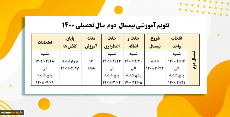 تقویم آموزشی نیمسال  دوم  سال تحصیلی 1400 2