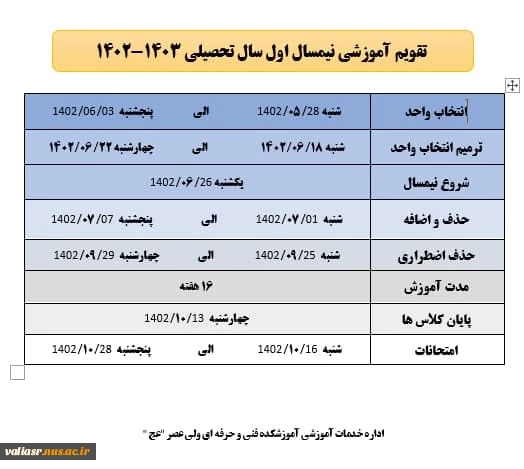 تقویم آموزشی نیمسال اول تحصیلی 1403-1402 5